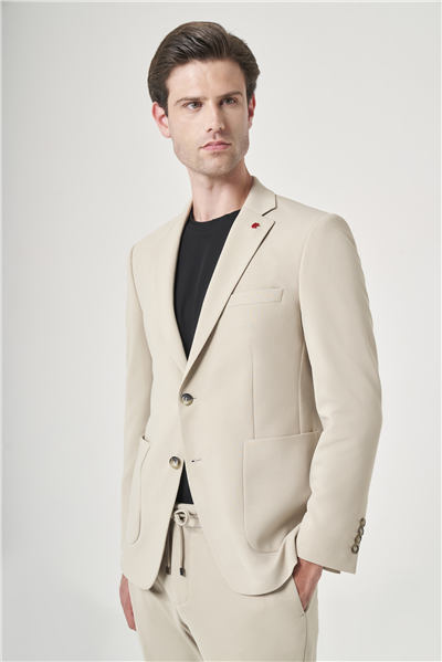 Bej Mono Yaka 6 Drop Slim Fit Beli Lastikli Takım Elbise 1001260194