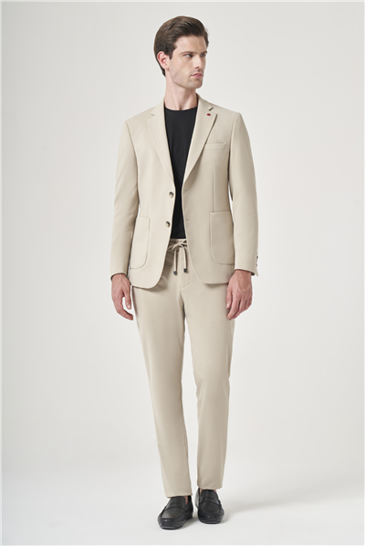 Bej Mono Yaka 6 Drop Slim Fit Beli Lastikli Takım Elbise 1001260194