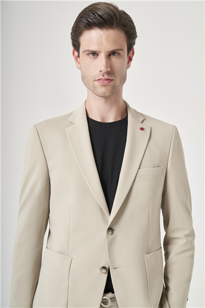 Bej Mono Yaka 6 Drop Slim Fit Beli Lastikli Takım Elbise 1001260194