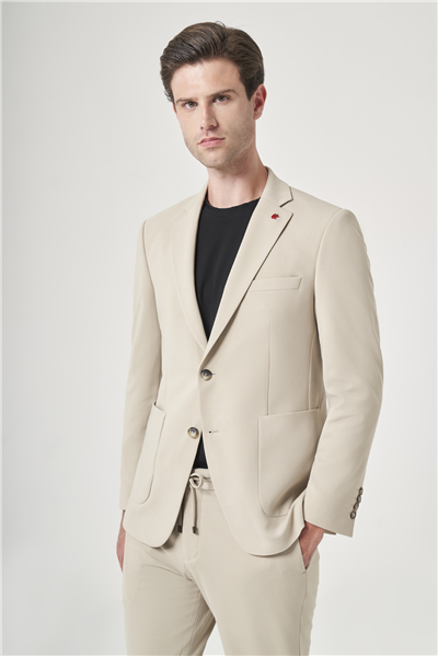 Bej Mono Yaka 6 Drop Slim Fit Beli Lastikli Takım Elbise 1001260194