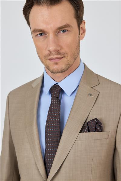 Bej Mono Yaka Düz 2 Düğme Classic Yünlü Slim Fit Takım Elbise 1001250175