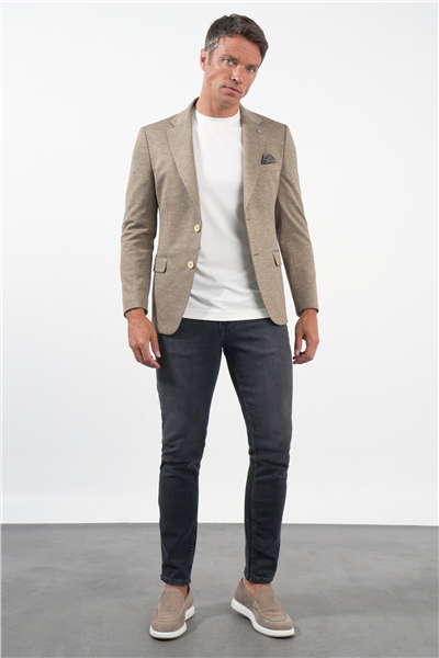 Bej Mono Yaka Örme 6 Drop Slim Fit Ceket 1002260152