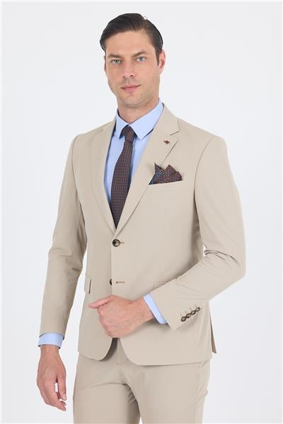 Bej Mono Yaka Yarım Astar 6 Drop Slim Fit   Beli Lastikli Takım Elbise 1001250121