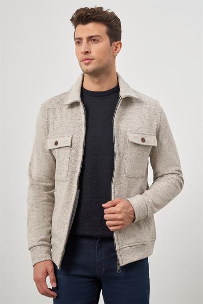 Bej Örme Bebe Yaka Kendinden Desenli Yırtmaçsız Astarsız Slim Fit Classic Mont 1007245156