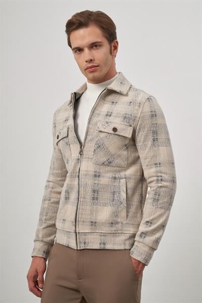 Bej Örme Bebe Yaka Kendinden Desenli Yırtmaçsız Astarsız Slim Fit Classic Mont 1007245157