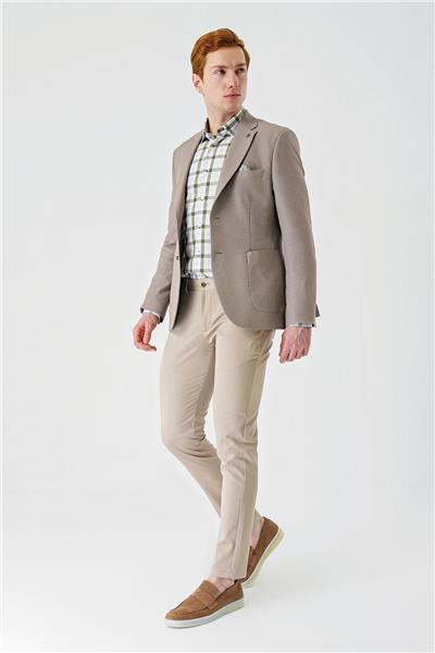 Bej Örme Mono Yaka Çift Yırtmaç Likralı 6 Drop Slim Fit Dar Kesim Klasik Ceket 1002240138