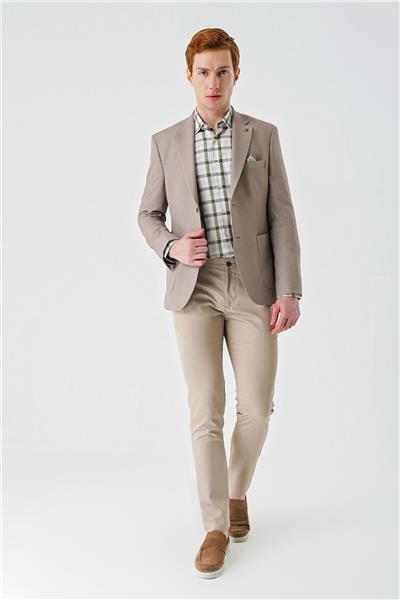 Bej Örme Mono Yaka Çift Yırtmaç Likralı 6 Drop Slim Fit Dar Kesim Klasik Ceket 1002240138
