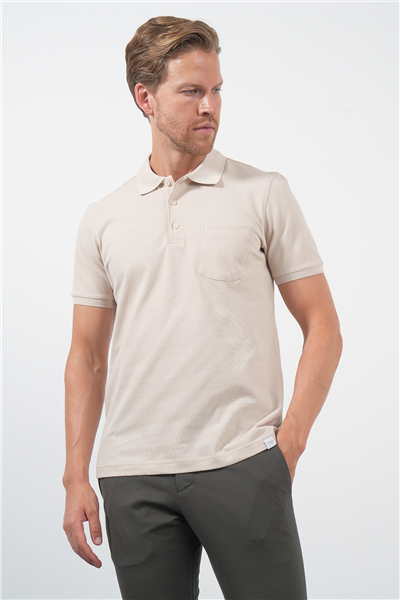 Bej Polo Yaka Kısa Kol Cepli Comfort Fit Pamuklu Tişört 1011260155