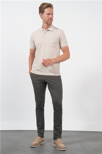 Bej Polo Yaka Kısa Kol Cepli Comfort Fit Pamuklu Tişört 1011260155