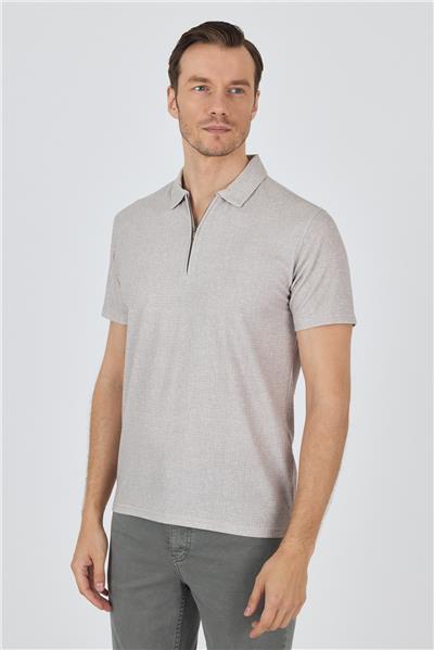 Bej Polo Yaka Kısa Kol Cepsiz Slim Fit Classic Tişört 1011250176