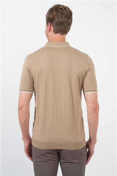 Bej Polo Yaka Kısa Kol Örme Comfort Fit %100 Pamuk Kazak 1012260151