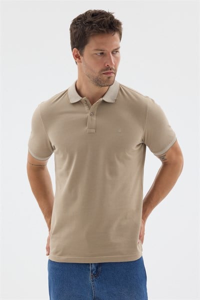 Bej Polo Yaka Pike Kısa Kol Slim Fit %100 Pamuk Tişört 1011260171