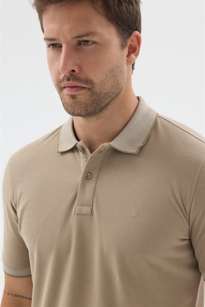 Bej Polo Yaka Pike Kısa Kol Slim Fit %100 Pamuk Tişört 1011260171