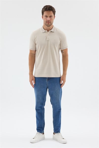 Bej Polo Yaka Pike Kısa Kol Slim Fit %100 Pamuk Tişört 1011260171