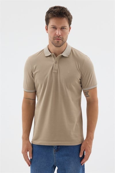 Bej Polo Yaka Pike Kısa Kol Slim Fit %100 Pamuk Tişört 1011260171
