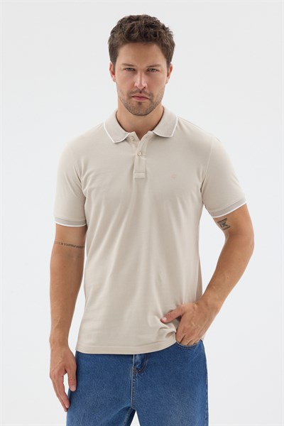 Bej Polo Yaka Pike Kısa Kol Slim Fit %100 Pamuk Tişört 1011260171