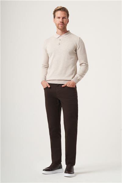 Bej Polo Yaka Uzun Kol Örme Comfort Fit Pamuklu Kazak 1012265007
