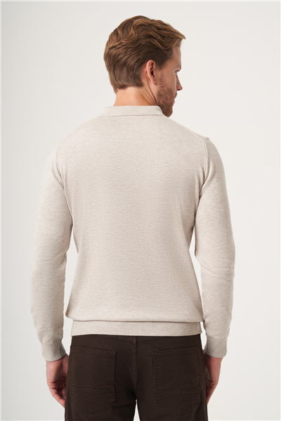 Bej Polo Yaka Uzun Kol Örme Comfort Fit Pamuklu Kazak 1012265007