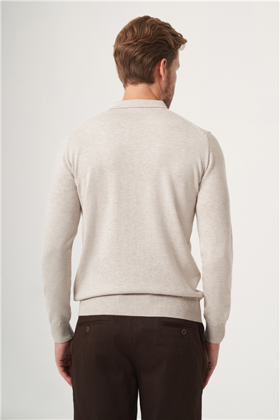 Bej Polo Yaka Uzun Kol Örme Comfort Fit Pamuklu Kazak 1012265150