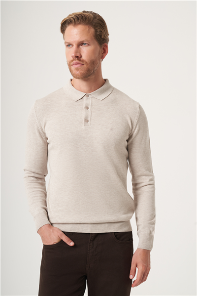 Bej Polo Yaka Uzun Kol Örme Comfort Fit Pamuklu Kazak 1012265007