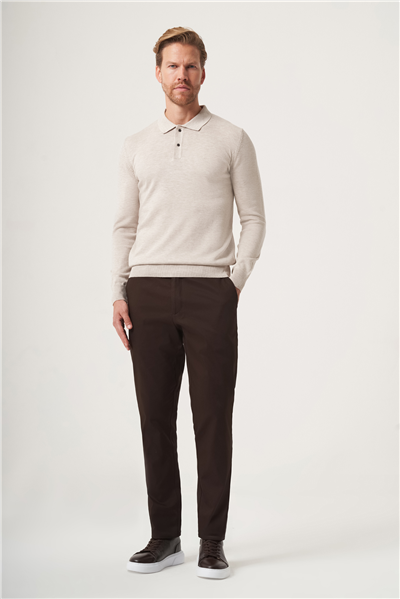 Bej Polo Yaka Uzun Kol Örme Comfort Fit Pamuklu Kazak 1012265150