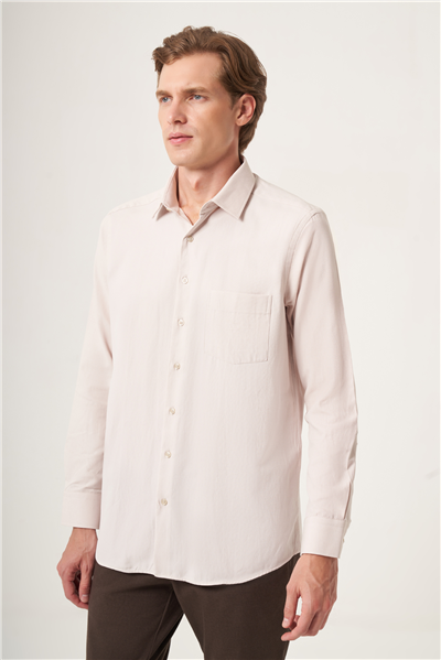 Bej Sert Yaka Oxford Comfort Fit Pamuklu Gömlek 1004265285