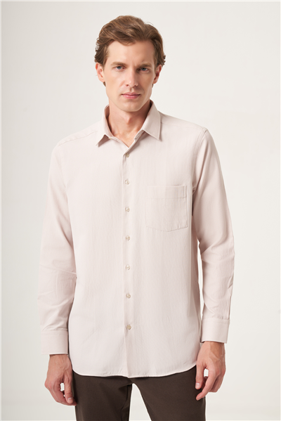 Bej Sert Yaka Oxford Comfort Fit Pamuklu Gömlek 1004265285
