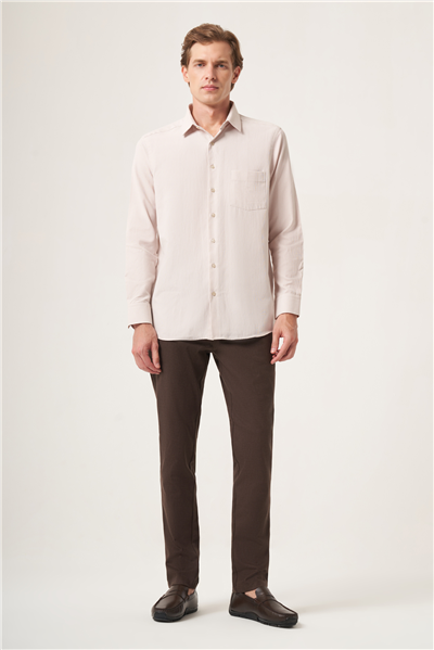 Bej Sert Yaka Oxford Comfort Fit Pamuklu Gömlek 1004265285