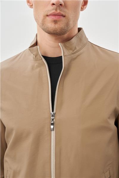 Bej Suni Deri Hakim Yaka Düz Yırtmaçsız Tam Astar Slim Fit Casual Deri Mont 1038245152