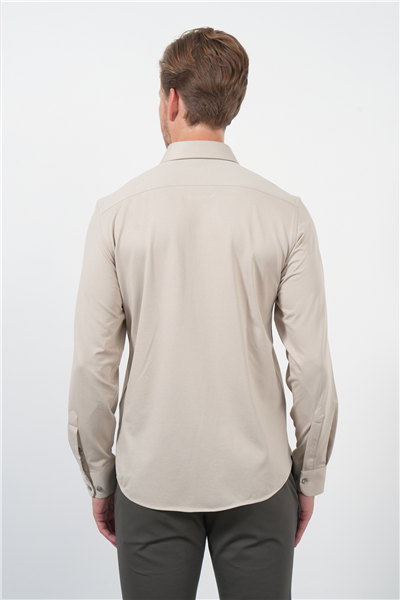 Bej Tulum Yaka Uzun Kol Cepsiz Örme Slim Fit Pamuklu Gömlek 1004260208