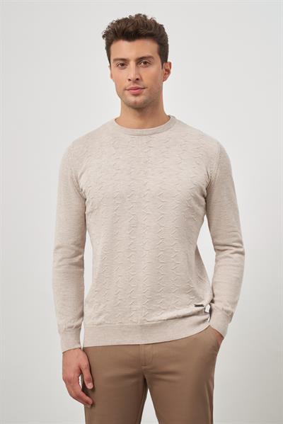 Bej Uzun Kol Kendinden Desenli Örme Bisiklet Yaka Classic Comfort Fit Triko 1012245155