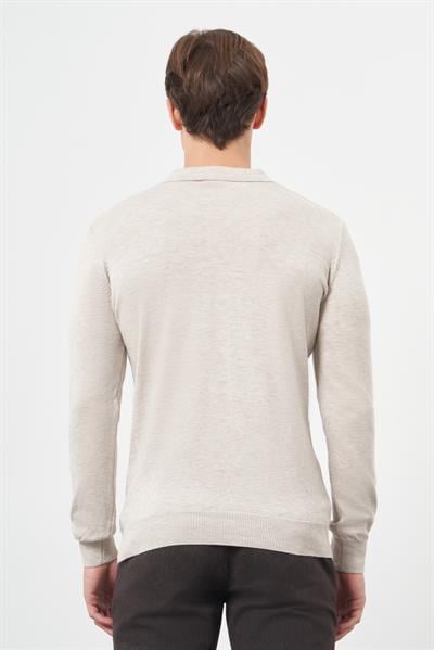 Bej Uzun Kol Kendinden Desenli Örme Polo Yaka Classic Comfort Fit Triko 1012245156