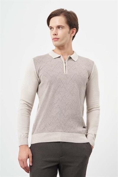 Bej Uzun Kol Kendinden Desenli Örme Polo Yaka Classic Comfort Fit Triko 1012245160