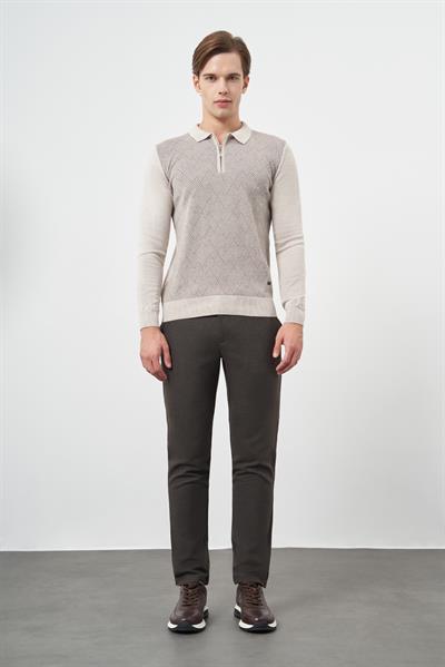 Bej Uzun Kol Kendinden Desenli Örme Polo Yaka Classic Comfort Fit Triko 1012245160