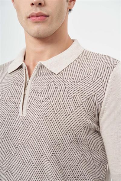 Bej Uzun Kol Kendinden Desenli Örme Polo Yaka Classic Comfort Fit Triko 1012245160