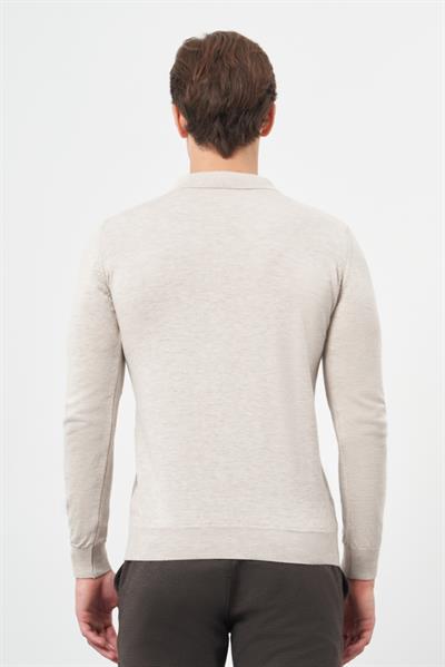 Bej Uzun Kol Kendinden Desenli Örme Polo Yaka Classic Comfort Fit Triko 1012245160