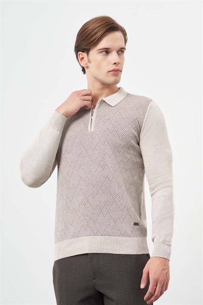 Bej Uzun Kol Kendinden Desenli Örme Polo Yaka Classic Comfort Fit Triko 1012245160