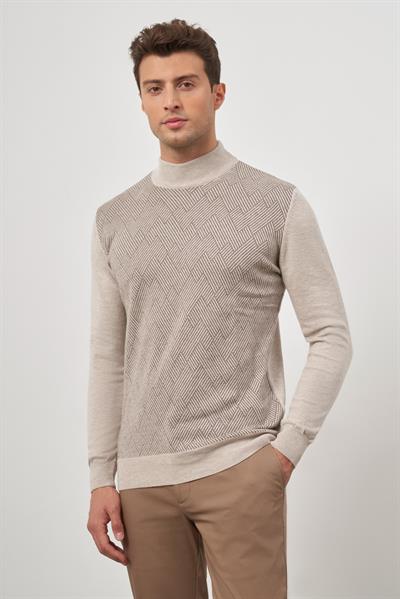 Bej Uzun Kol Kendinden Desenli Örme Yarım Balıkçı Yaka Classic Comfort Fit Triko 1012245159