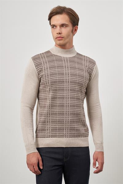 Bej Uzun Kol Kendinden Desenli Örme Yarım Balıkçı Yaka Classic Comfort Fit Triko 1012245158