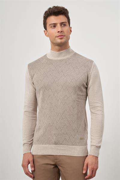 Bej Uzun Kol Kendinden Desenli Örme Yarım Balıkçı Yaka Classic Comfort Fit Triko 1012245159