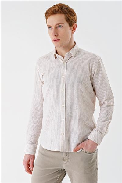 Bej Uzun Kollu Biritli Yaka Pamuklu Likralı Casual Slim Fit Gömlek 1004240233