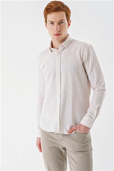Bej Uzun Kollu Biritli Yaka Pamuklu Likralı Casual Slim Fit Gömlek 1004240233