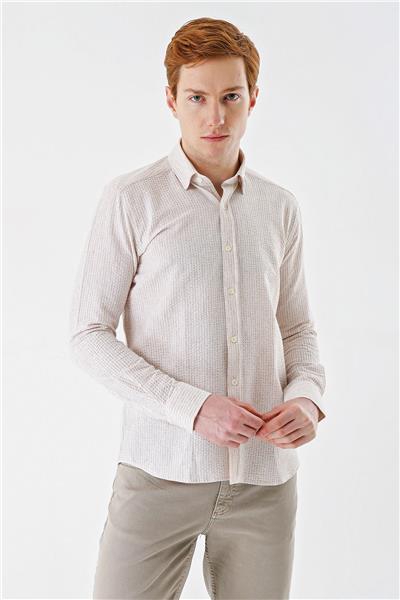 Bej Uzun Kollu Biritli Yaka Pamuklu Likralı Casual Slim Fit Gömlek 1004240233