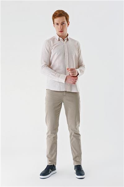 Bej Uzun Kollu Biritli Yaka Pamuklu Likralı Casual Slim Fit Gömlek 1004240233