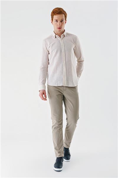 Bej Uzun Kollu Biritli Yaka Pamuklu Likralı Casual Slim Fit Gömlek 1004240233