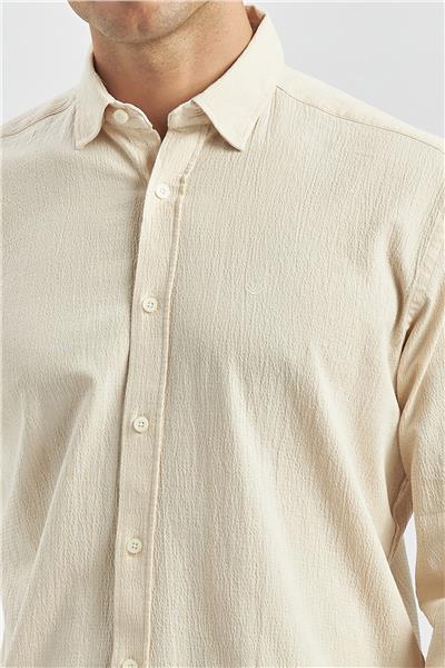 Bej Uzun Kollu Gofreli Biyeli %100 Pamuk Casual Slim Fit Dar Kesim Gömlek 1004240247