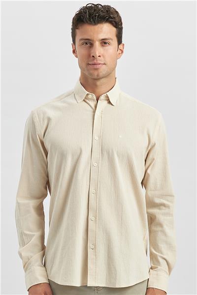 Bej Uzun Kollu Gofreli Biyeli %100 Pamuk Casual Slim Fit Dar Kesim Gömlek 1004240247