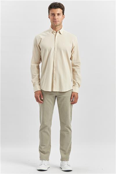 Bej Uzun Kollu Gofreli Biyeli %100 Pamuk Casual Slim Fit Dar Kesim Gömlek 1004240247