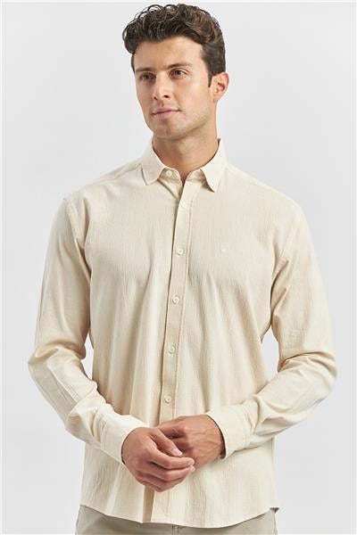 Bej Uzun Kollu Gofreli Biyeli %100 Pamuk Casual Slim Fit Dar Kesim Gömlek 1004240247