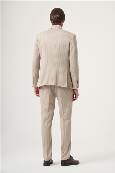 Bej-Vizon Kırlangıç Yaka Çizgili Kruvaze 6 Drop Slim Fit Tam Astar Esnek Takım Elbise 1001260286